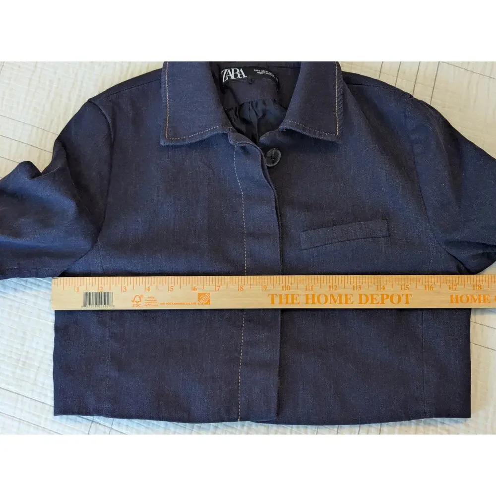Zara Cropped Suit Jacket Coat Dark Blue Stretchy Denim Button Up Sz M